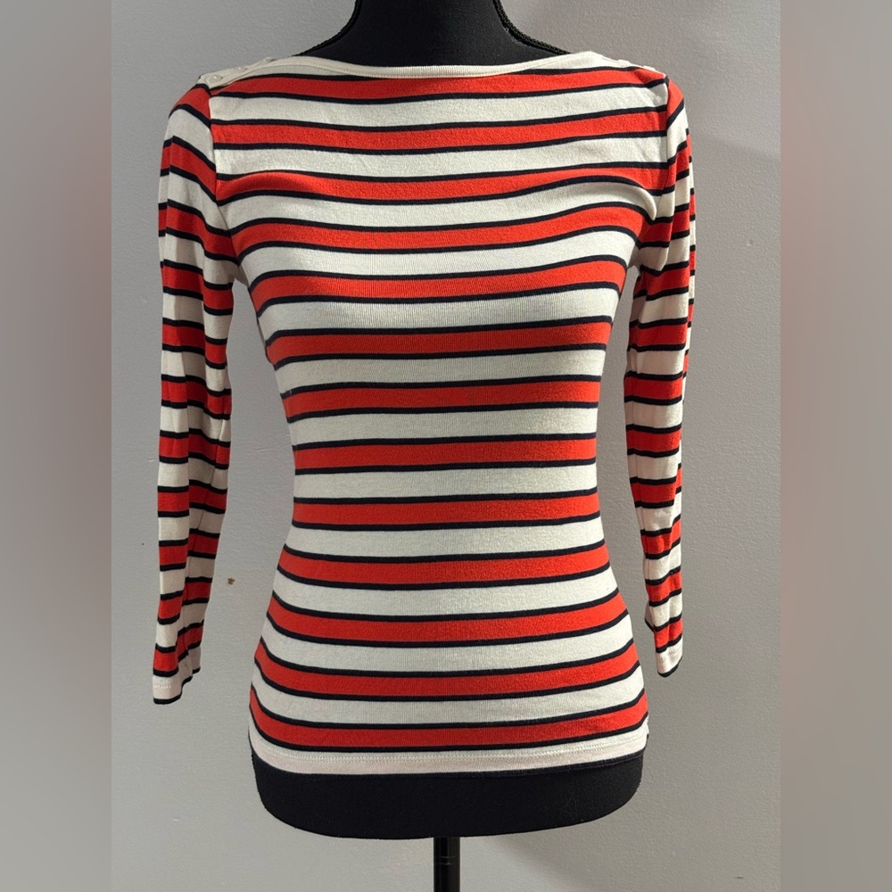 1901 striped boatneck red orange, blue, and white 3/4 sleeve XS